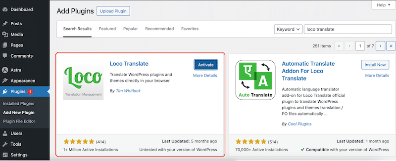 Installing Loco Translate from the WordPress admin