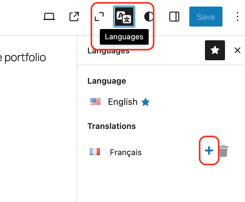 Click the + button to add the translation with Polylang
