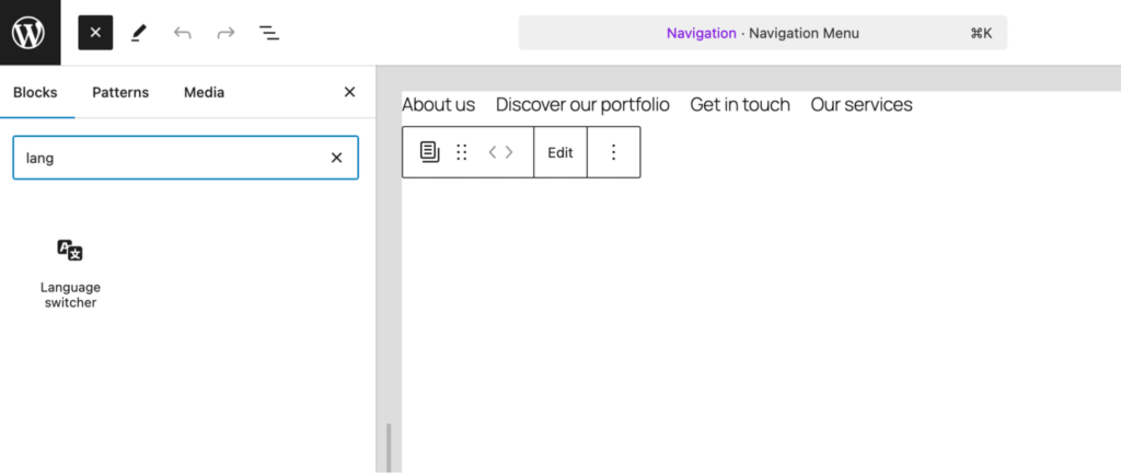 Add the language switcher via the site editor