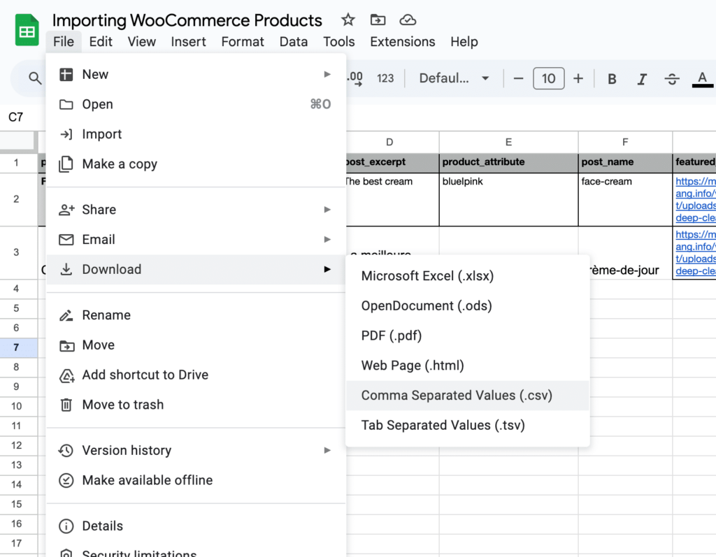 Download the woocommerce product spreadsheet to the right format