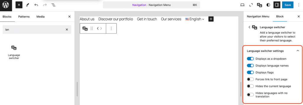 Polylang language switcher settings via site editor