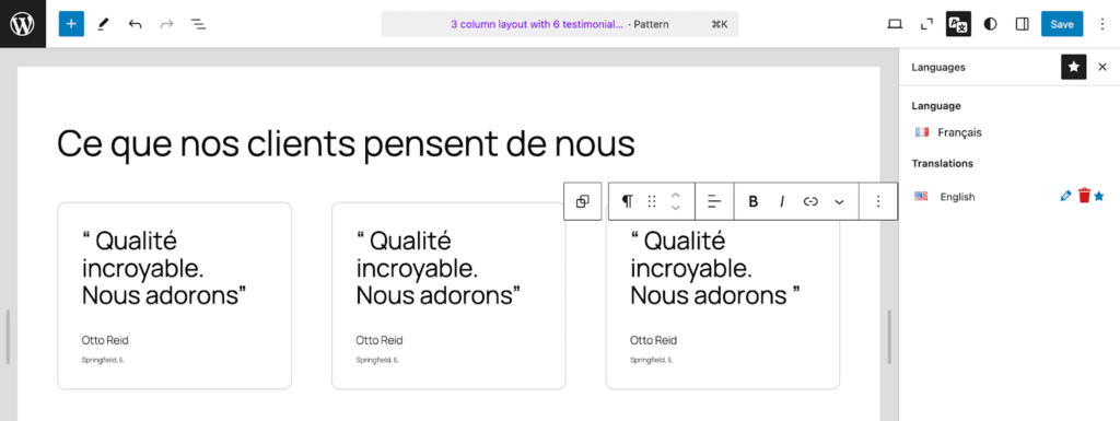 Translated template parts to French with Polylang Pr