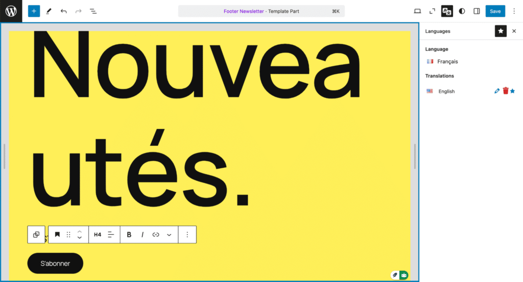Template part translated to English via the Site editor using Polylang