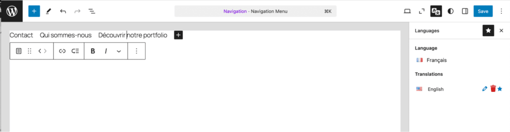 translate the menu to french directly in the site editor using polylang