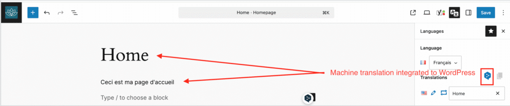 Example of machine translation directly from WordPress with Polylang Pro and DeepL