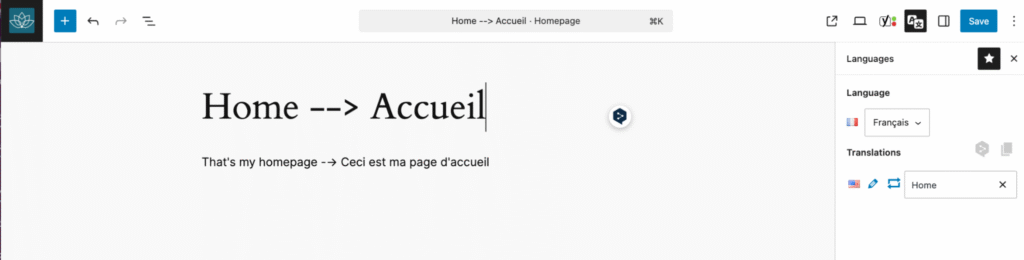 Example of manual translation directly from WordPress with Polylang Pro