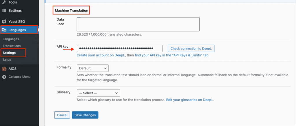 How to activate machine translation with Polylang via the Languages menu