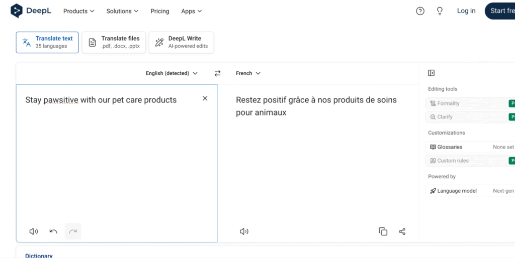 Robotic translation with DeepL, where the pun is lost in the French translation
