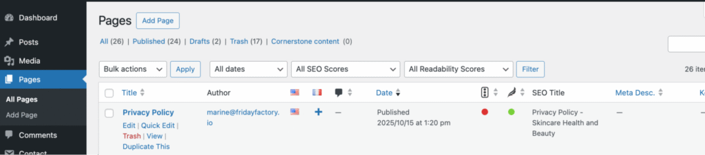 pages menu to choose the one that needs translation
