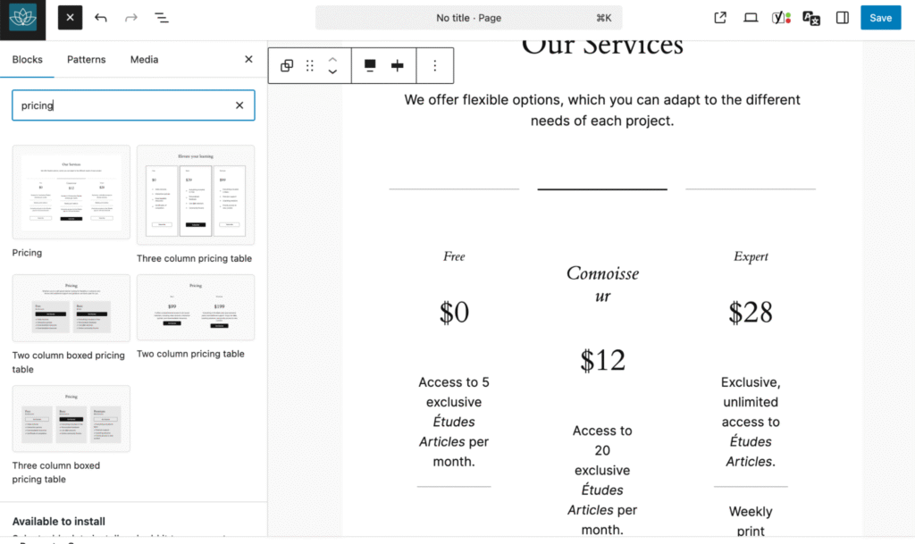 Pricing Table block from the site editor