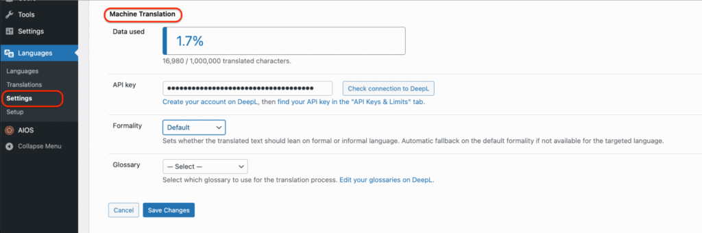Activating the machine translation with Polylang Pro
