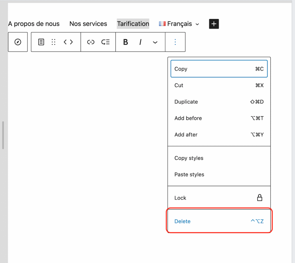 Deleting a part of the navigation menu in the secondary language