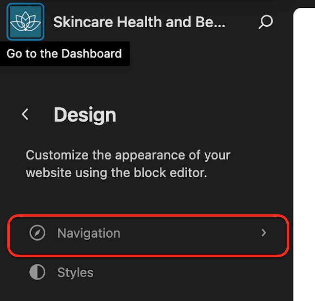 Navigation section from the site editor