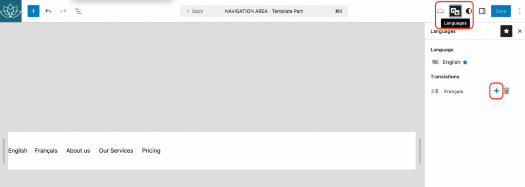 Polylang’s language metabox with the “+”
