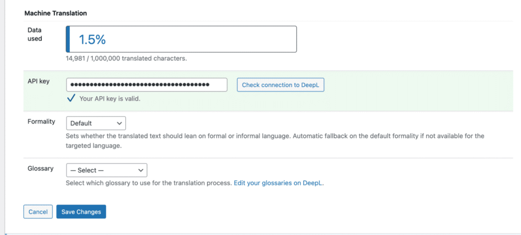 add the deepl API key to polylang pro to use machine translation