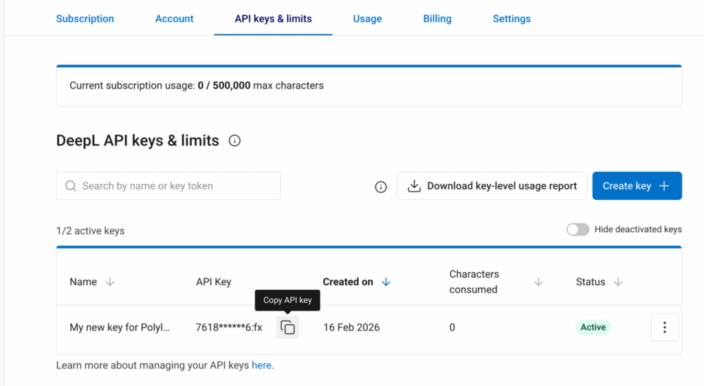 copy the api key to add it to polylang pro