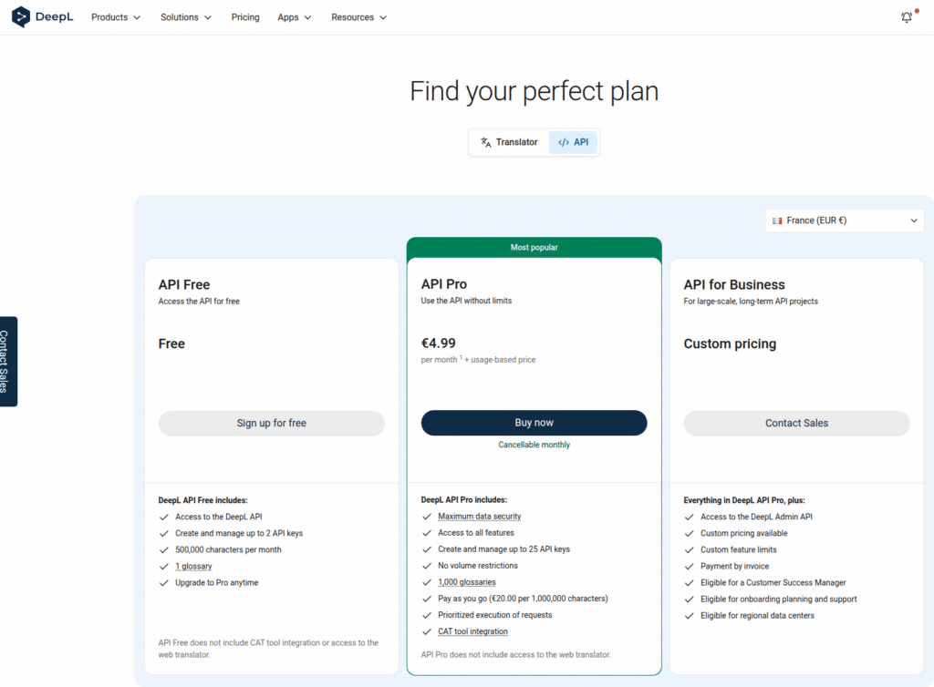 the pricing of your choice in Deepl to generate the right api key