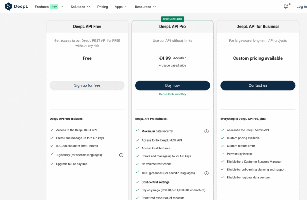 the pricing of your choice in Deepl to generate the right api key