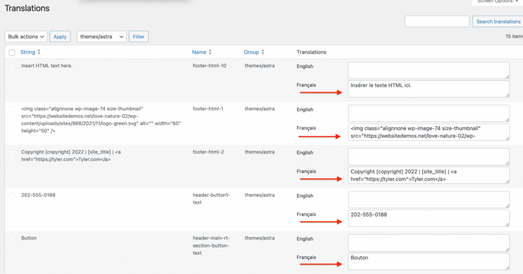 the french translations of the theme strings generated by deepl and polylang pro