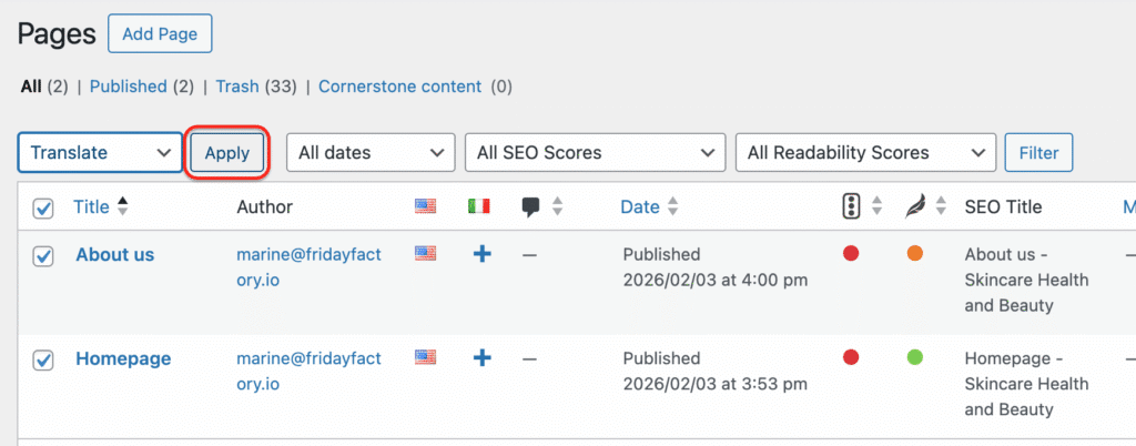 The “Apply” button to export XLIFF with Polylang Pro