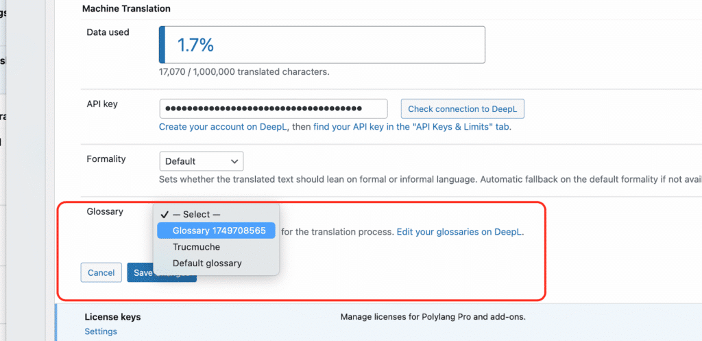 select the deepl glossary to use in polylang pro