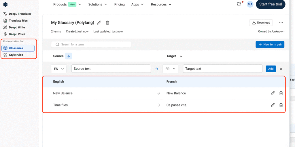 an example of deepl glossary that will be used on polylang pro