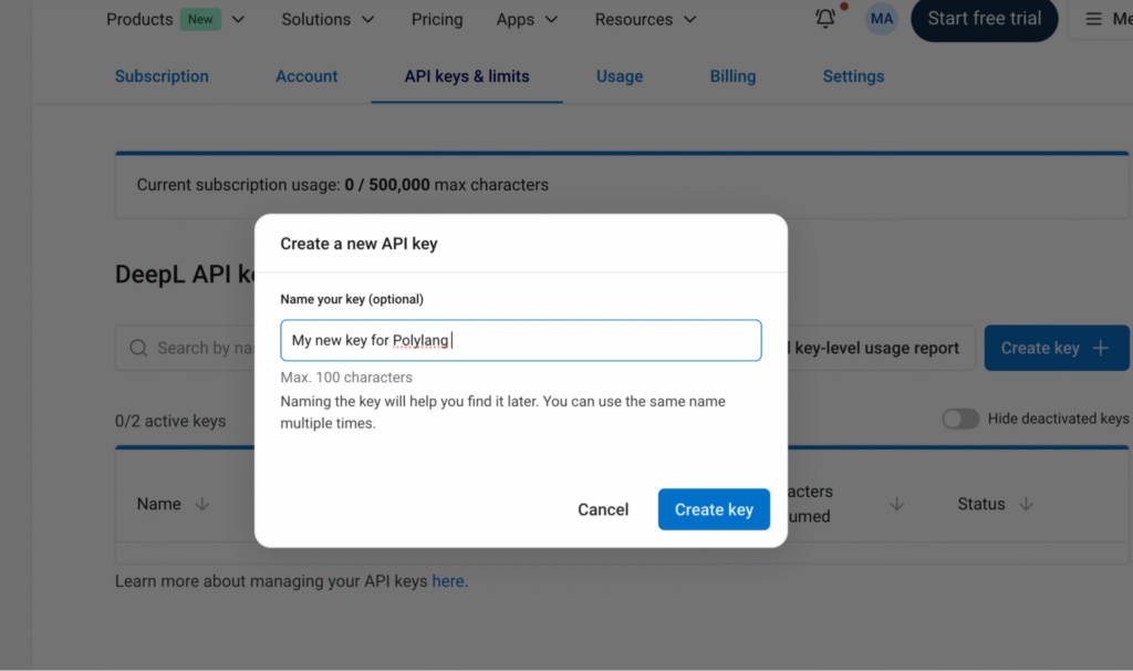create a new api key with deepl