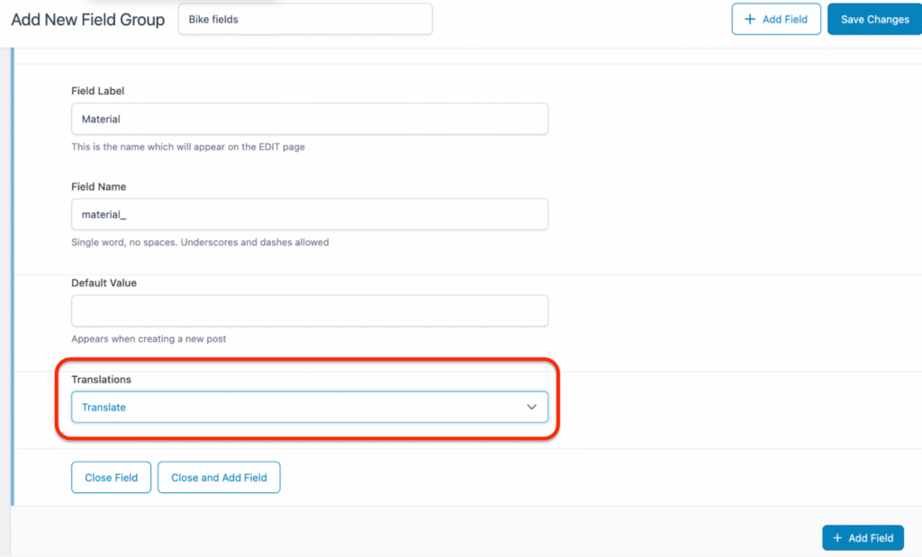 ACF field translation setting set to Translate
