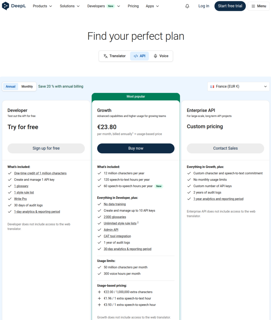 DeepL API pricing plans for Developer, Growth, and Enterprise