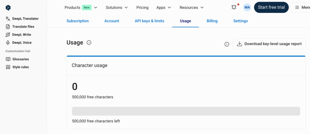 example of remaining deepl quota