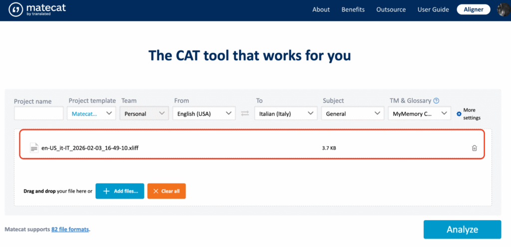 XLIFF file imported into the CAT tool called Matecat