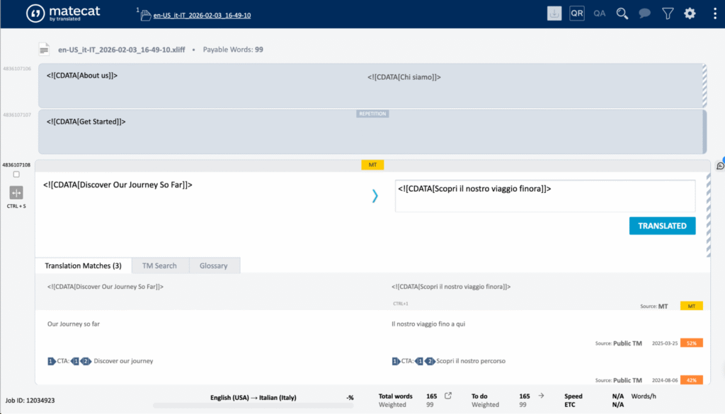 Translation panel in Matecat