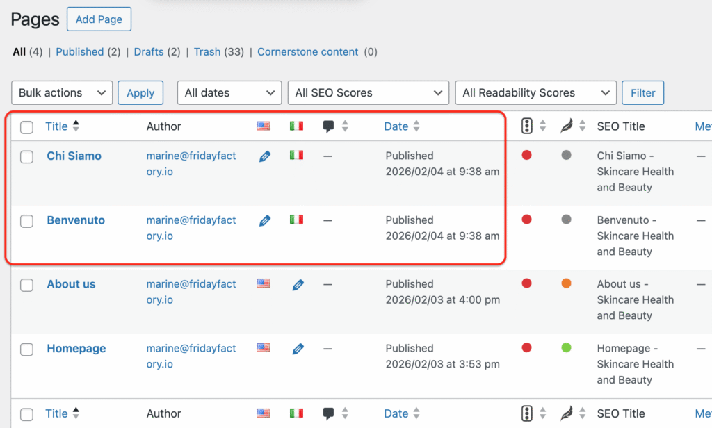 The translated pages from XLIFF are automatically assigned to the secondary language (Italian) with Polylang Pro