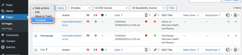 The “translate” bulk action