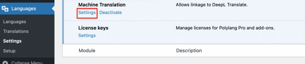 The settings button to open machine translation and activate deepl