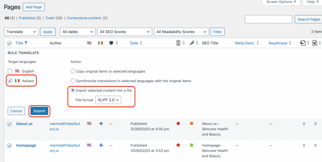 XLIFF file configuration before exportÂ