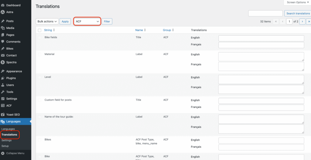 Select ACF filter to add the translations