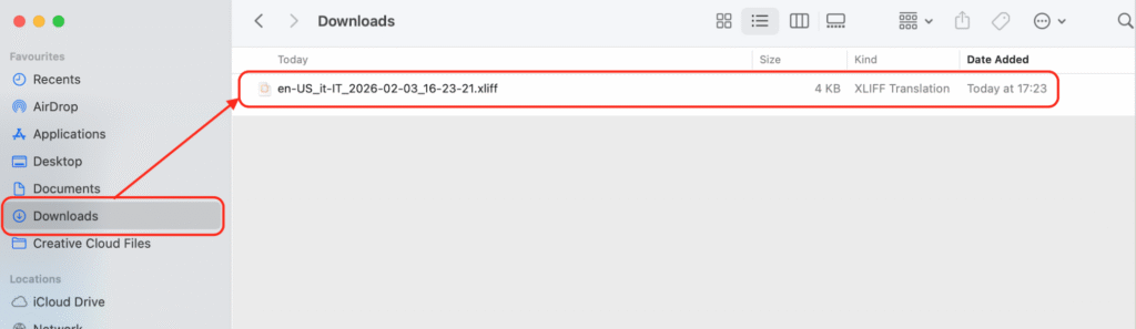 XLIFF file in the local “Downloads” folder