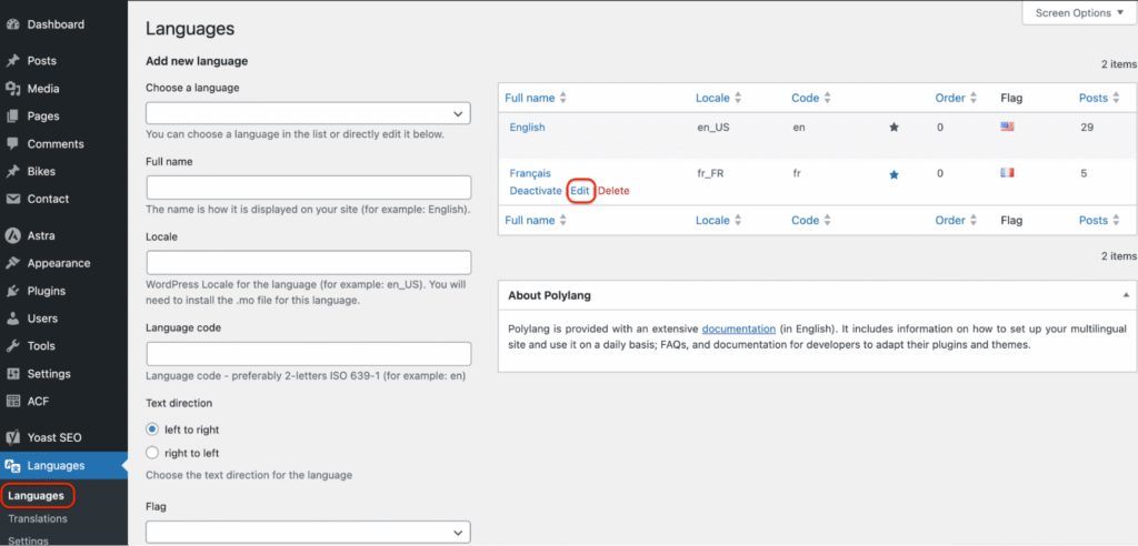 Configuring language settings with Polylang