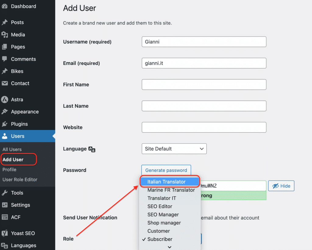 step to add a role to wordpress user
