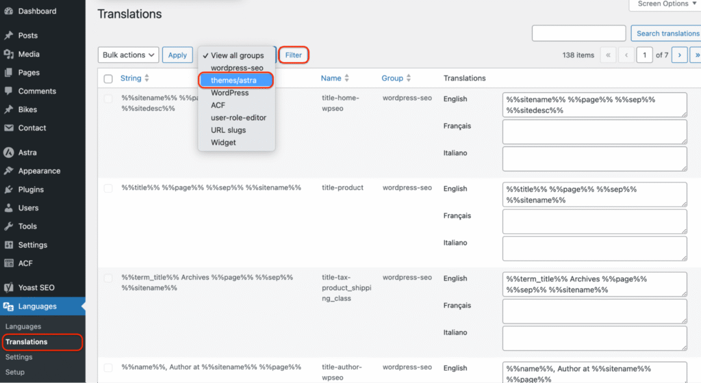 Filtering the content to display only the dynamic strings from the theme