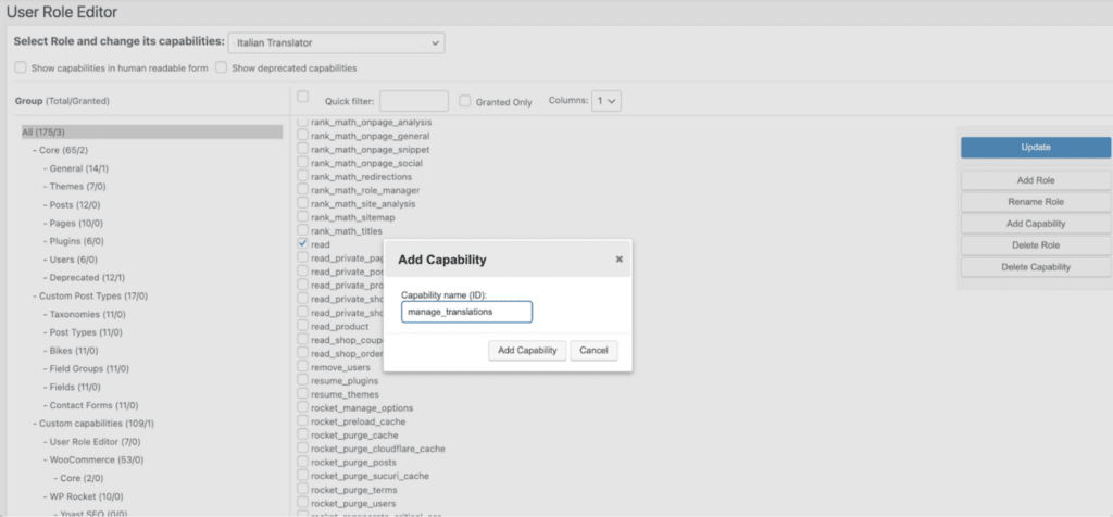 User Roles Editor interface showing the addition of the "manage_translations" capability to grant access to string translations