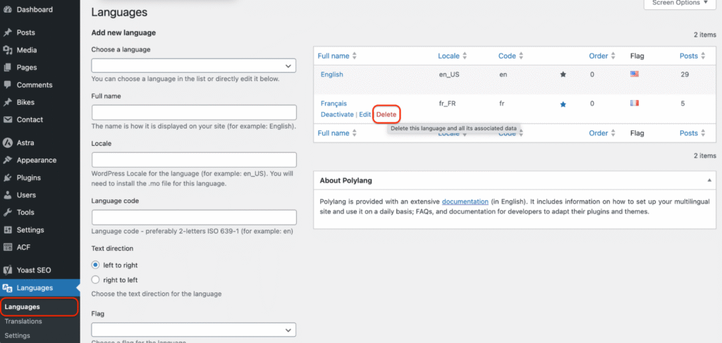 Deleting a language with Polylang