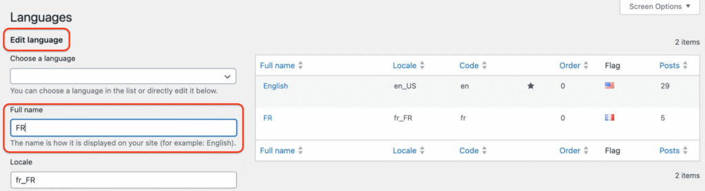 New language name with Polylang
