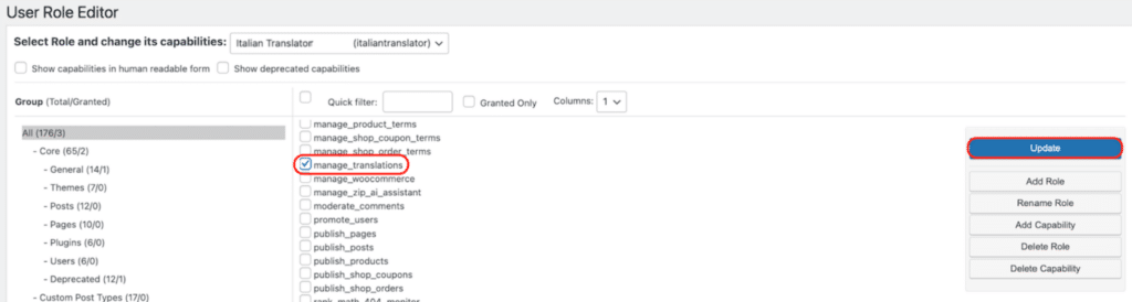 Screenshot showing the "manage_translations" checkbox checked and the Update button in User Roles Editor.