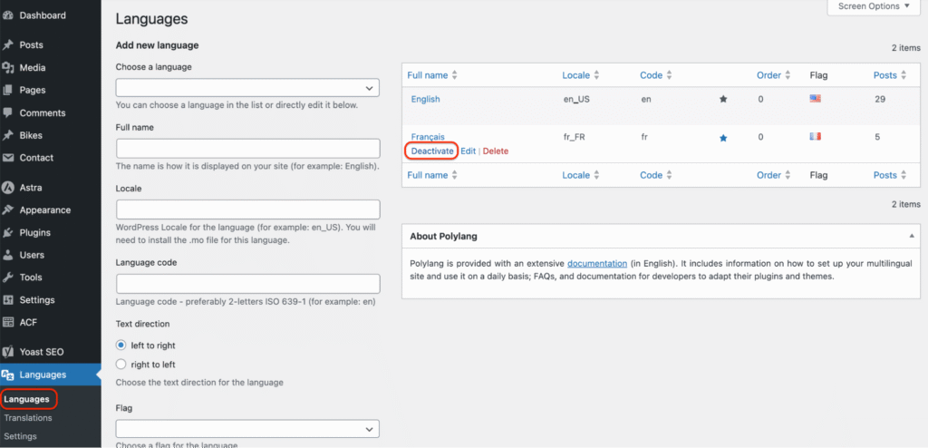 Deactivating a language with Polylang ProÂ