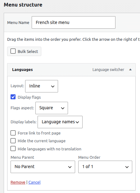 Adding the Language Switcher to a menu in classic themes (Appearance > Menus).