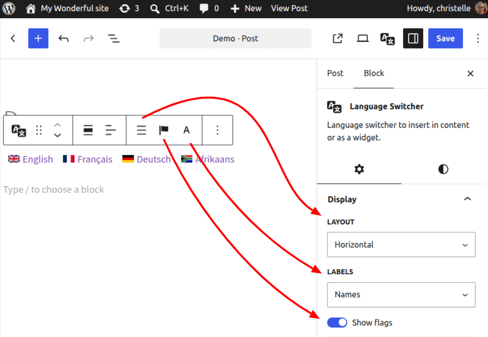 Language Switcher display options in the quick toolbar and block settings panel.