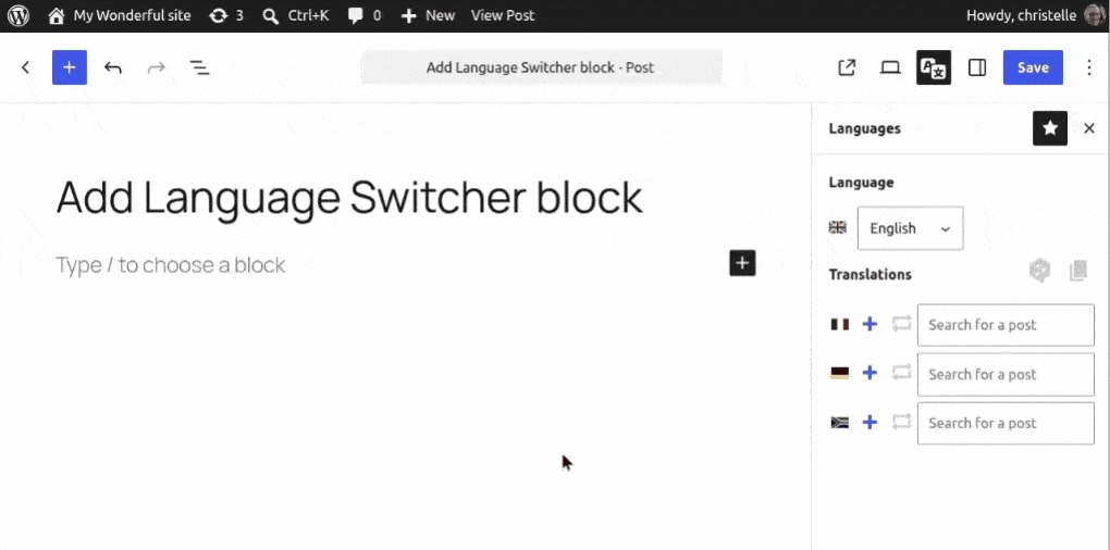 How to search for and insert the Language Switcher block in WordPress.