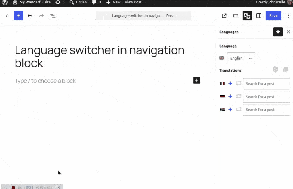 How to insert the Language Switcher inside a Navigation block.